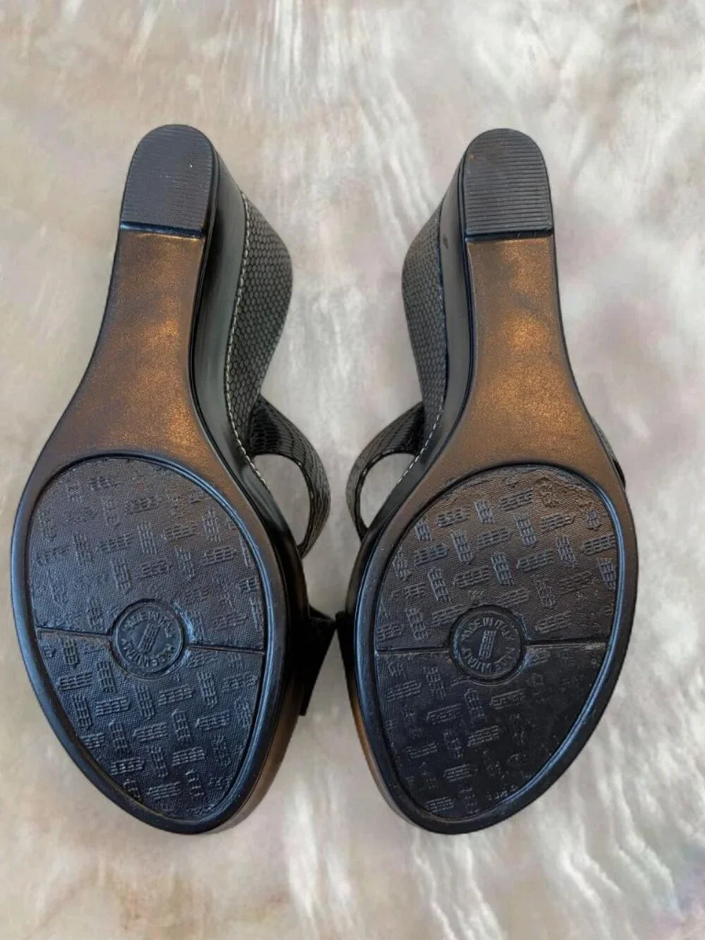 Italian Shoemakers Black Leather Snake Skin Embossed Wedge Sandal